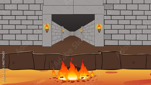  Animated Cartoon Scene of Spiked Iron Ball Trap Rolling in Ancient Castle Corridor