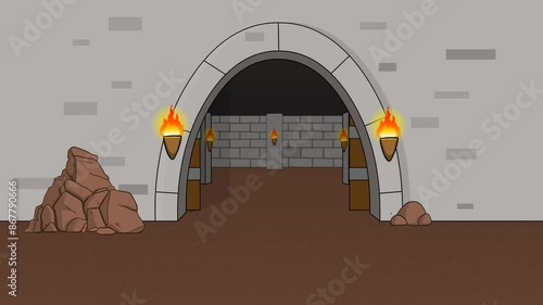 Animated Cartoon Scene of Ancient Stone Castle Entrance