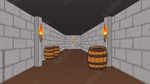 Animated Cartoon Scene of Ancient Stone Castle Corridor with Beer Barrels and Lanterns
