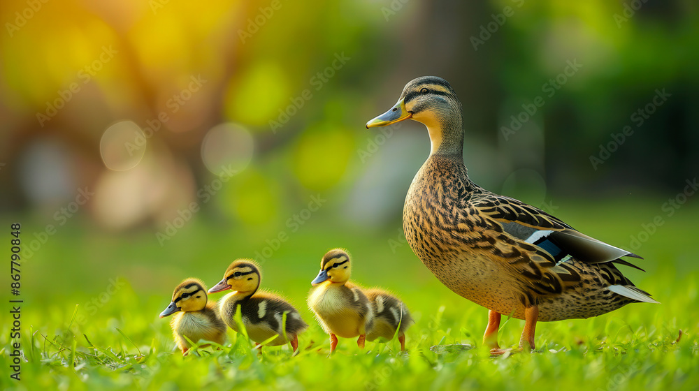 A mother duck with her chicks standing on green grass A mother duck with her chicks standing on green grass