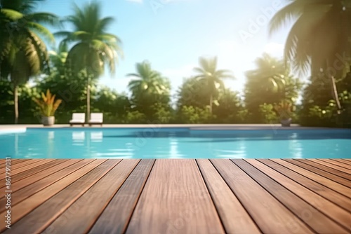 Empty Wooden Deck Overlooking a Sparkling Pool Surrounded by Lush Palm Trees on a Sunny Day © DreamStock