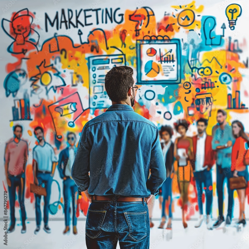 Back view of man admiring a vibrant wall filled with creative marketing brainstorming doodles Back view of man admiring a vibrant wall filled with creative marketing brainstorming doodles