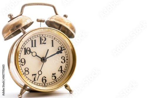 Wallpaper Mural A classic alarm clock with a golden finish and a white face, captured against a stark white backdrop Torontodigital.ca