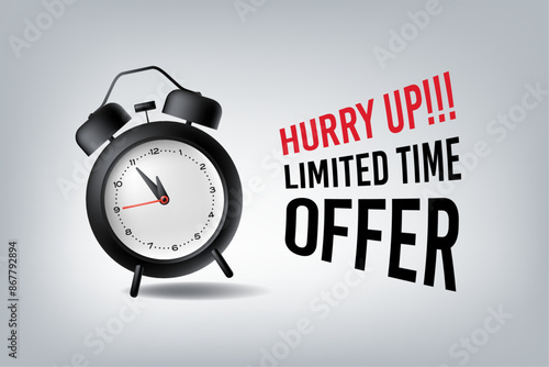 Hurry! Limited time offer Banner. Time is Running Out text with an alarm clock concept. Deadline Ending Soon 3d Illustration, Banner, Background, Stopwatch, vector illustration. Landscape Banner. 