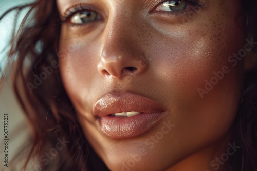 Wallpaper Mural A close-up image of a womans face, showing her green eyes, soft lips, and freckles Torontodigital.ca