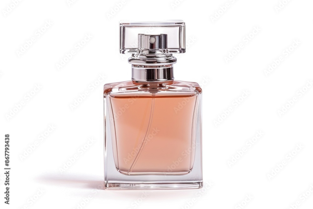 A glass bottle of perfume with a silver top sits on a white background, ready to release a captivating scent A glass bottle of perfume with a silver top sits on a white background, ready to release a captivating scent