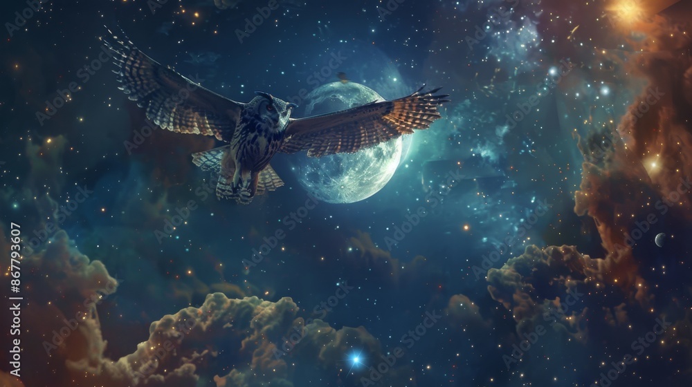 Obraz premium Owl Soaring Through a Cosmic Night Sky - Generative AI