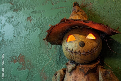 Scarecrow Halloween ornament with a stitched mouth, on a green wall. photo