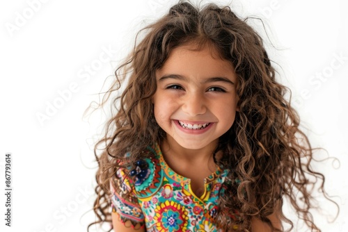 A young girl with long, curly brown hair smiles brightly at the camera, her eyes sparkling with happiness photo