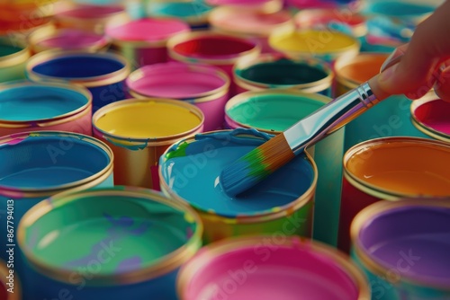 A close-up image of a paint can palette with various colors, a brush dipping into a blue paint can