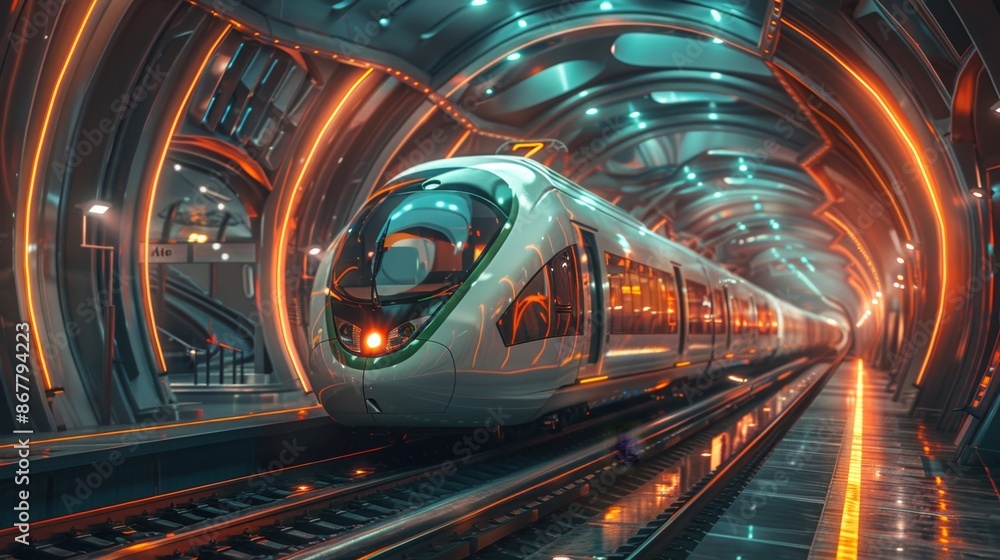 Futuristic Metro Train in a Neon-lit Tunnel - Generative AI Futuristic Metro Train in a Neon-lit Tunnel - Generative AI