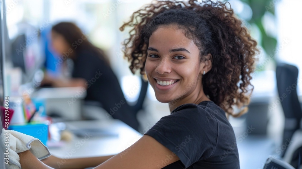 A woman with curly hair is smiling at the camera A woman with curly hair is smiling at the camera