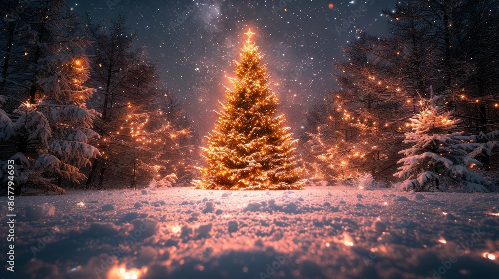 Beautifully Lit Christmas Tree in Snowy Forest - Generative AI Beautifully Lit Christmas Tree in Snowy Forest - Generative AI