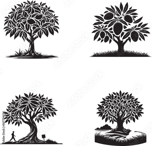 Black Silhouette Mango Tree Vector Illustration for Design