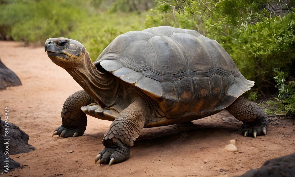 Giant galapagos tortoise walking on red sand Giant galapagos tortoise walking on red sand