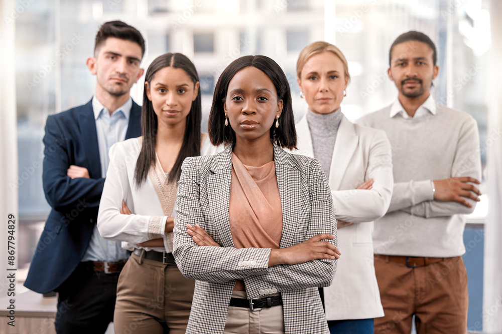 Business people, portrait and confident for company mission in office, professional and pride for teamwork. Employees, arms crossed and leader for collaboration, agency and diversity at workplace Business people, portrait and confident for company mission in office, professional and pride for teamwork. Employees, arms crossed and leader for collaboration, agency and diversity at workplace