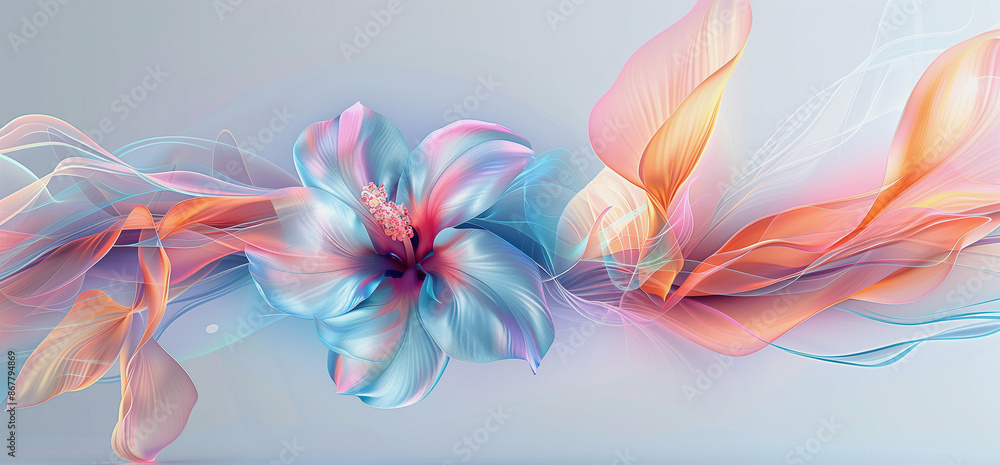 Abstract background with colorful flowing shapes and vibrant hibiscus flower