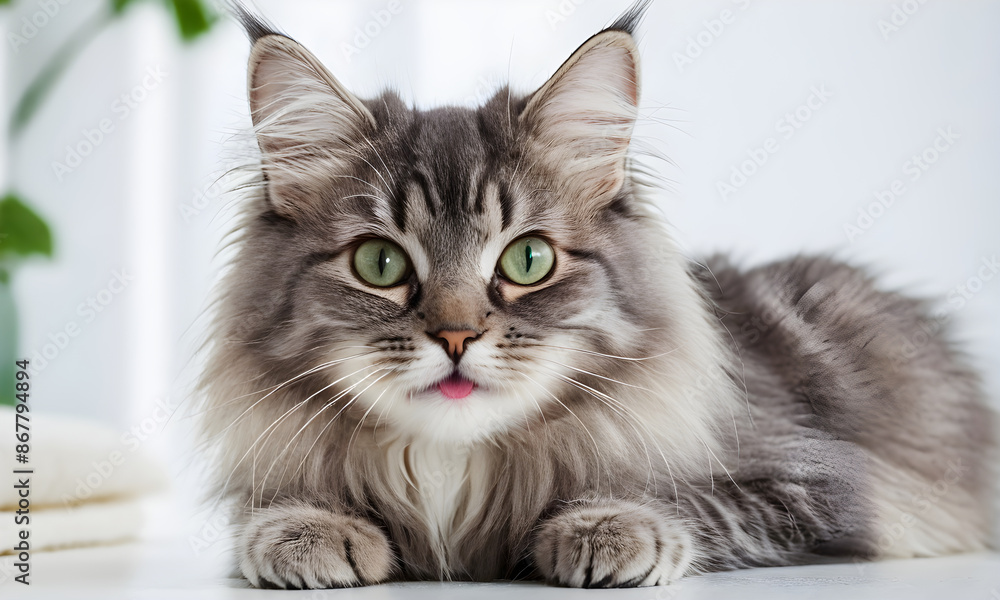 Fluffy grey cat with green eyes licking nose Fluffy grey cat with green eyes licking nose