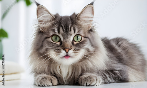 Fluffy grey cat with green eyes licking nose