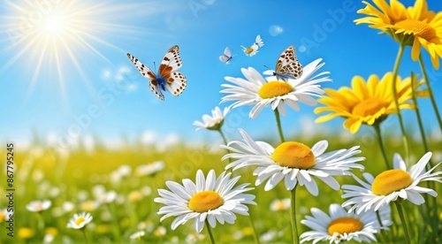 Butterflies flying over white daisies in a field on a sunny day