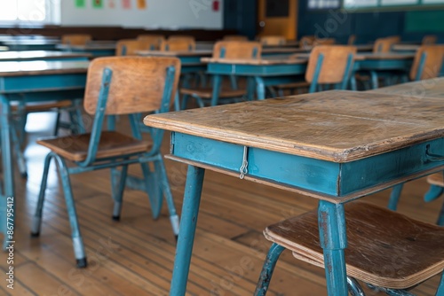 A vintage classroom with worn blue wooden desks and chairs arranged in rows, evoking nostalgia and representing a simpler time with traditional educational settings.