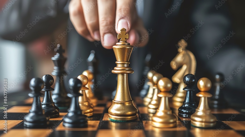 Close-up of a hand making a move on a chessboard, focusing on a golden king and surrounding pieces, signifying strategy and intelligence. Close-up of a hand making a move on a chessboard, focusing on a golden king and surrounding pieces, signifying strategy and intelligence.