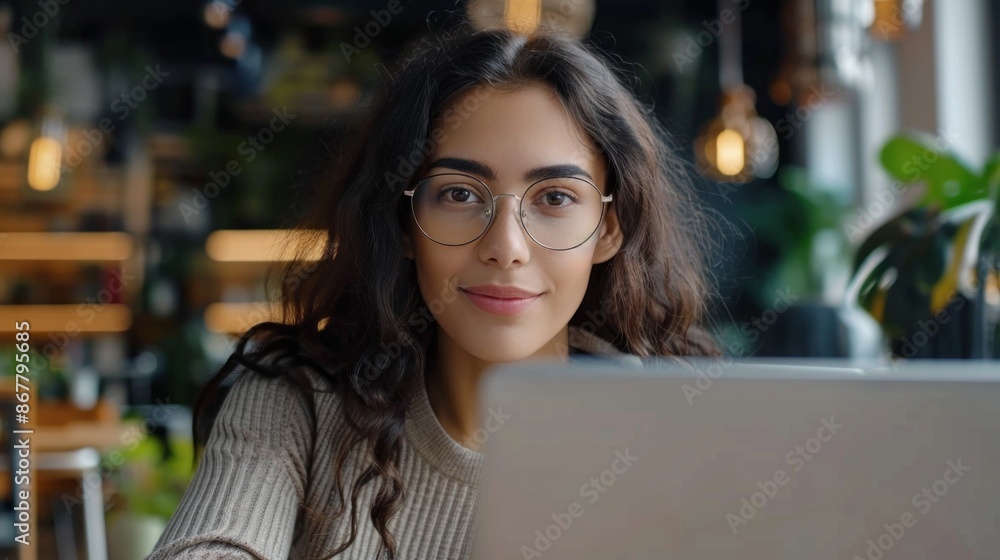 A young woman with long dark hair, wearing glasses, smiles as she focuses on her laptop in a cafe setting A young woman with long dark hair, wearing glasses, smiles as she focuses on her laptop in a cafe setting