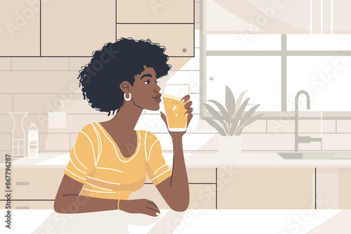 black woman in morning kitchen breakfast active fitne isolated vector style photo