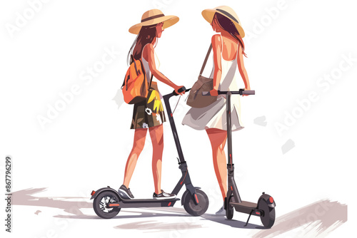 city young woman travel on electric scooters tourist isolated vector style