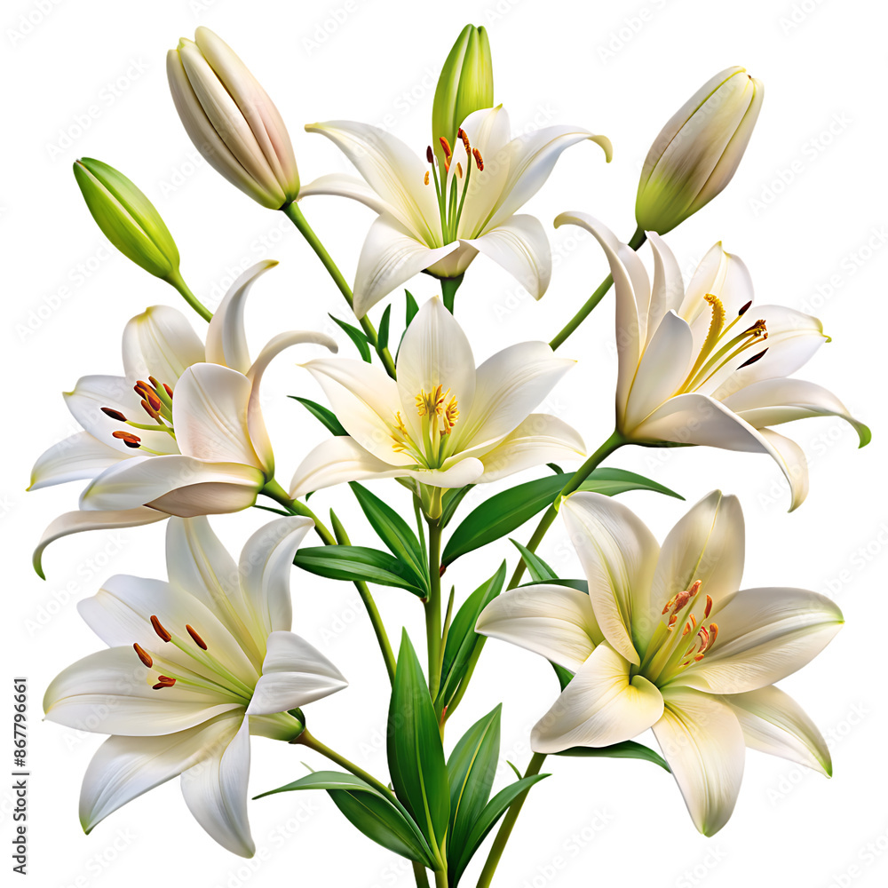 Obraz premium Set of elegant blooming lilies with buds, cut out