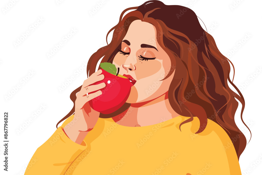 overweight woman choosing healthy food eating apple s isolated vector style overweight woman choosing healthy food eating apple s isolated vector style