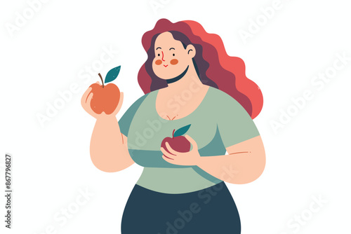 overweight woman choosing healthy food eating apple s isolated vector style photo