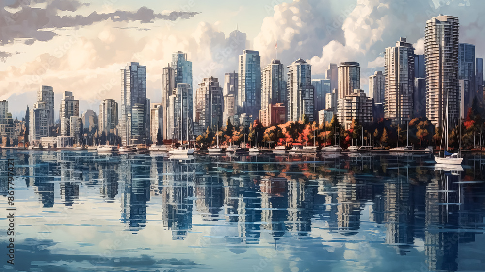 Fototapeta premium A city skyline is reflected in the water