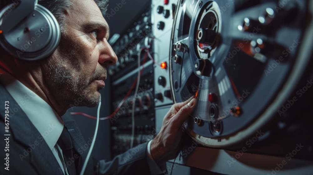 A covert agent, dressed in a suit and tie, intently listens to an audio recording on a vintage reel-to-reel tape player A covert agent, dressed in a suit and tie, intently listens to an audio recording on a vintage reel-to-reel tape player