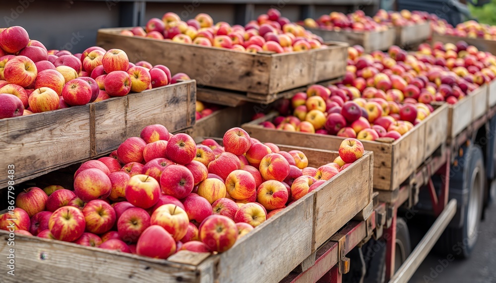 Vivid close-up of ripe red apples in wooden crates, showcasing depth of field and natural light Vivid close-up of ripe red apples in wooden crates, showcasing depth of field and natural light