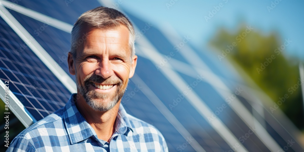 Fototapeta premium Smiling adult man male standing at solar panel. Alternative electricity power energy promotion scene
