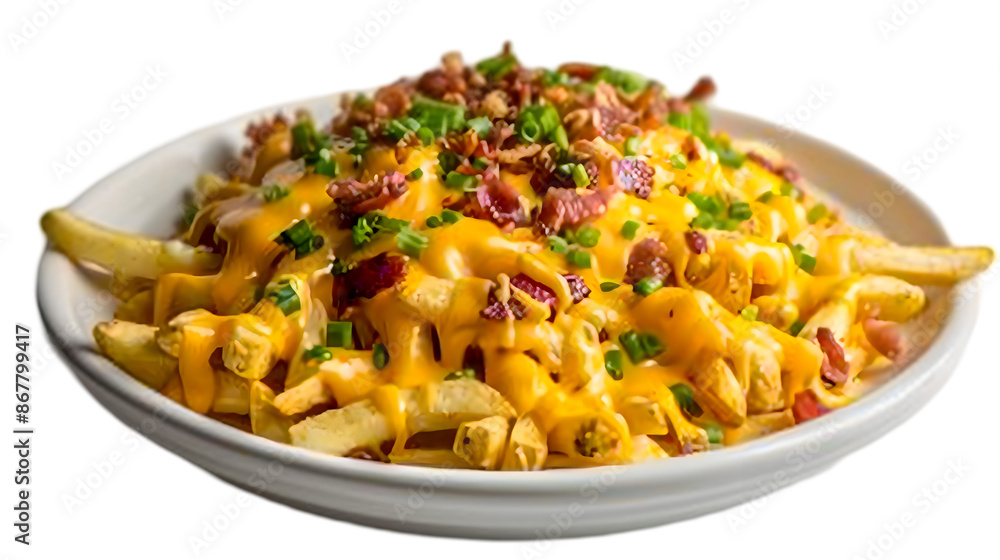 Golden fries bathed in cheese, bacon, and scallions, meticulously arranged on a transparent background Golden fries bathed in cheese, bacon, and scallions, meticulously arranged on a transparent background