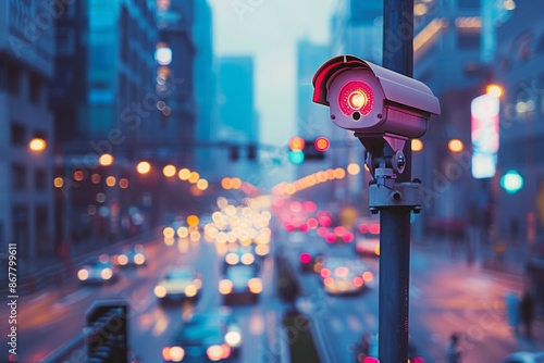 a modern, high-tech surveillance camera mounted on a sleek metal pole in an urban setting. photo