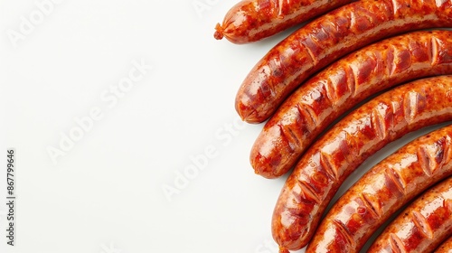 Close up of traditional raw German bockwurst on white background with space for text photo