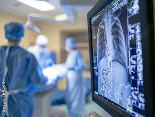 fluoroscopy screen during an ERCP procedure, showing the detailed X-ray images of the biliary and pancreatic ducts. The contrast dye injected during the procedure outlines the ducts clearly