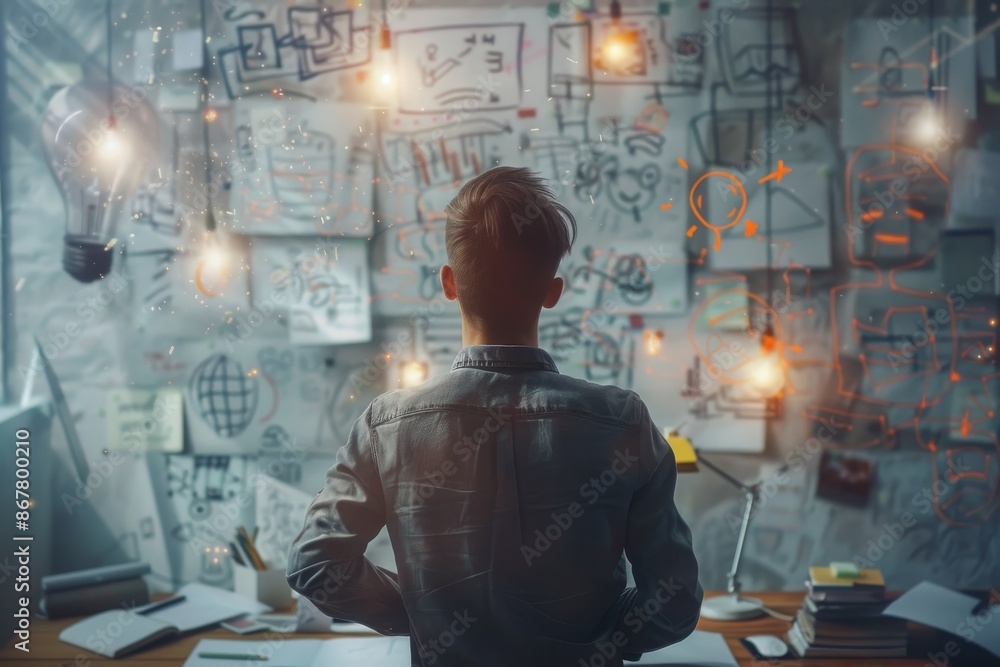 entrepreneur brainstorming in a modern office, surrounded by sketches and digital screens displaying innovative ideas, embodying the spirit of relentless determination and creativity in business entrepreneur brainstorming in a modern office, surrounded by sketches and digital screens displaying innovative ideas, embodying the spirit of relentless determination and creativity in business