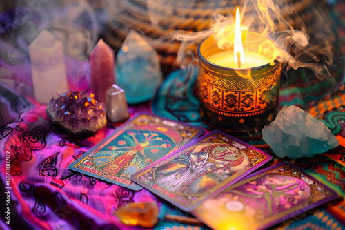 A beautiful table decorated for tarot card reading