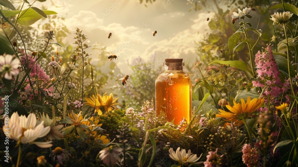 Fototapeta premium honey bottle nestled amidst a lush garden scene, surrounded by blooming wildflowers and buzzing bees, capturing the essence of nature bounty and sustainability, styled to convey freshness and organic 