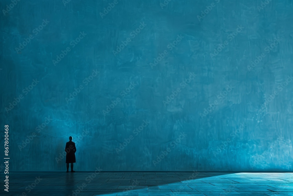 lone figure standing against a solid blue wall, their silhouette outlined by soft backlighting that creates a contemplative atmosphere, with minimalist composition and monochromatic palette conveying lone figure standing against a solid blue wall, their silhouette outlined by soft backlighting that creates a contemplative atmosphere, with minimalist composition and monochromatic palette conveying