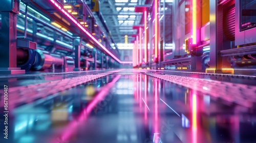 modern industrial floor in a high-tech factory, sleek metallic surfaces reflecting the neon lights of automated machinery, capturing the precision and innovation of contemporary manufacturing