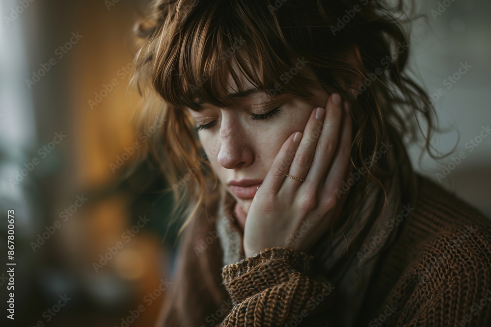 A woman with a pensive expression rests her face on her hand. The image has a soft and dreamy atmosphere. Ideal for themes of contemplation and emotion. Generative AI A woman with a pensive expression rests her face on her hand. The image has a soft and dreamy atmosphere. Ideal for themes of contemplation and emotion. Generative AI