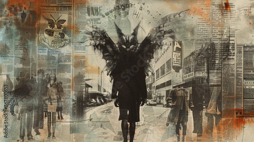 folklore and urban legend, featuring Mothman emerging from an old, tattered newspaper headline, with overlapping images of frightened townsfolk and cryptic symbols