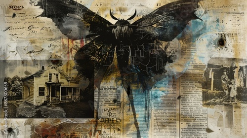 folklore and urban legend, featuring Mothman emerging from an old, tattered newspaper headline, with overlapping images of frightened townsfolk and cryptic symbols