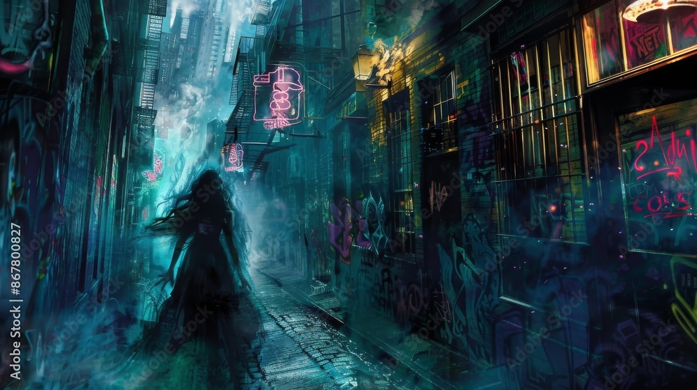 banshee in an urban setting, her spectral form blending with the mist rising from city streets at night, as she hovers near a graffiti-adorned alleyway with a backdrop of flickering neon lights banshee in an urban setting, her spectral form blending with the mist rising from city streets at night, as she hovers near a graffiti-adorned alleyway with a backdrop of flickering neon lights