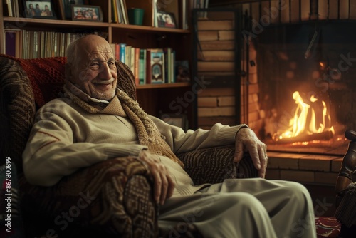 An elegant portrait of a wise elder with a serene smile, seated in a cozy armchair by a crackling fireplace
